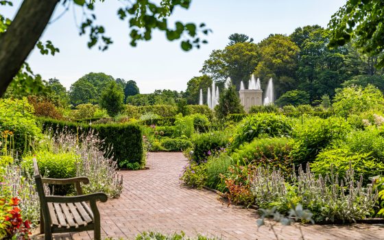 A brick walkway with a wooden bench winds through green garden beds with fountains in the distance