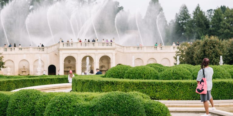 A person stands in the midst of boxwood in a garden, watching fountains shoot toward the sky.