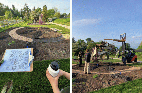 Two images of people laying out a garden bed with large metal sculpture.. 