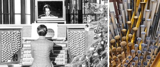 The image on the left is a black and white photo of a person sitting at an organ. The right image shows a close up of the organ pipes. 